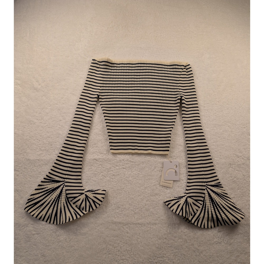Commense Striped Off Shoulder Ribbed Knit Top Flare Cuffs Navy Cream M NEW